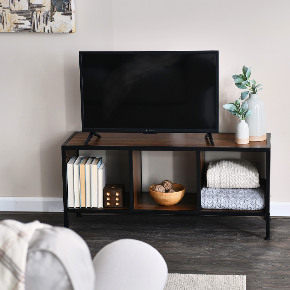 TV Stand Coffee Table  Square Cube Storage Mid Century Walnut  Black Metal   Industrial   Entertainment Centers And Tv Stands   by Household Essentials  Houzz