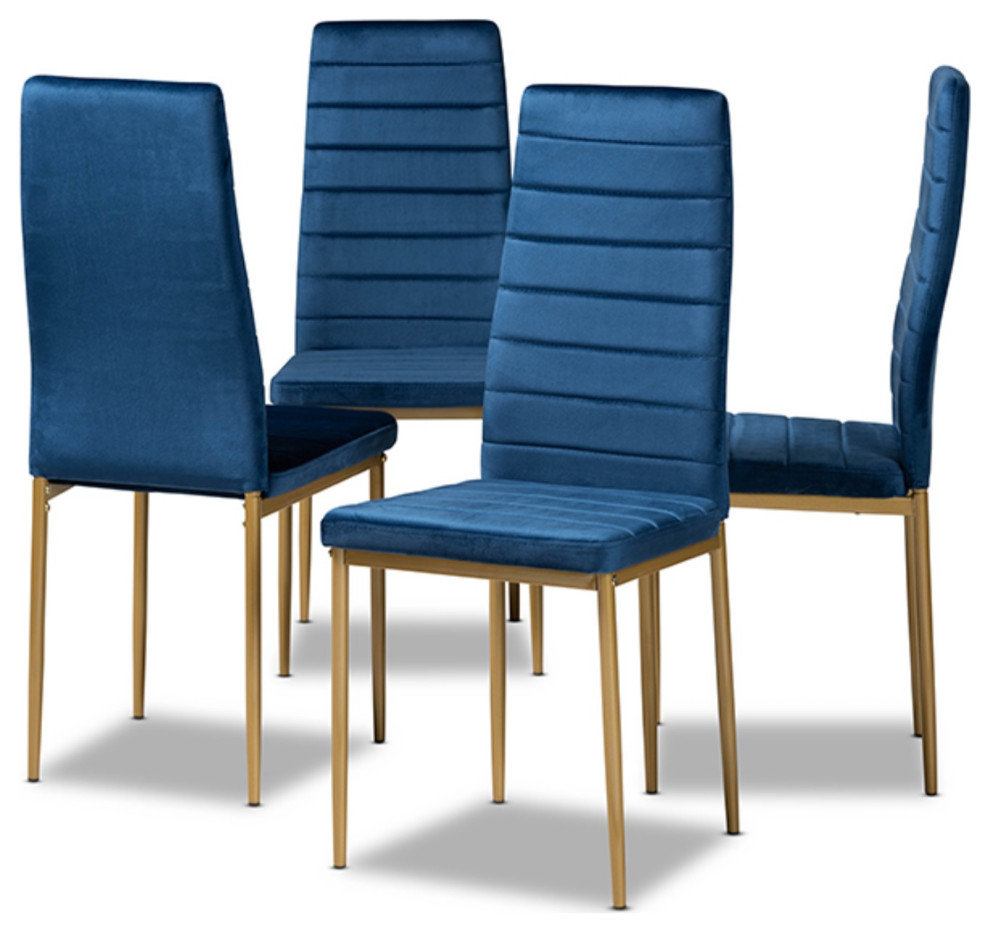 Armand Navy Blue Velvet Fabric and Gold Finished Metal 4 Piece Dining Chair Set   Contemporary   Dining Chairs   by VirVentures  Houzz