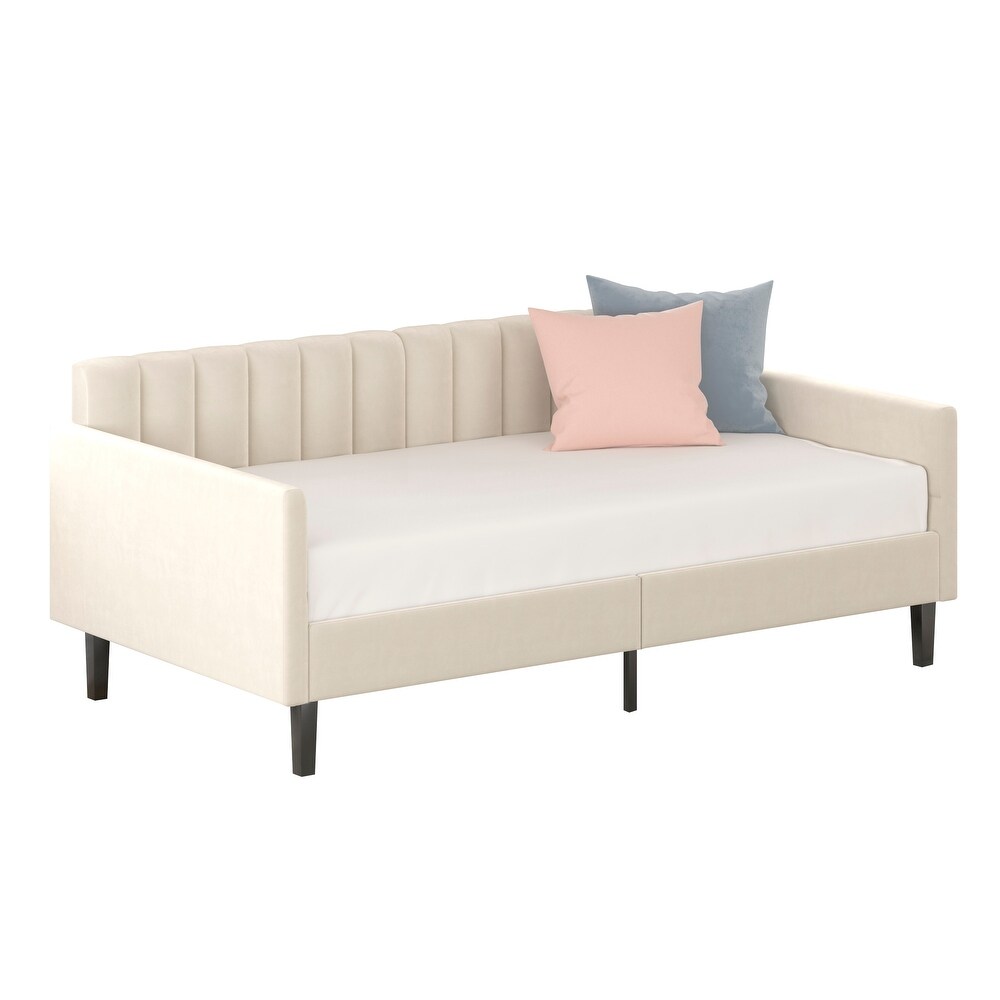 Twin Size Ivory Velvet Upholstered Daybed  Ribbed Tufted Backrest  Daybed in Lavish Modern Design  Richly Foam hued for Bedroom