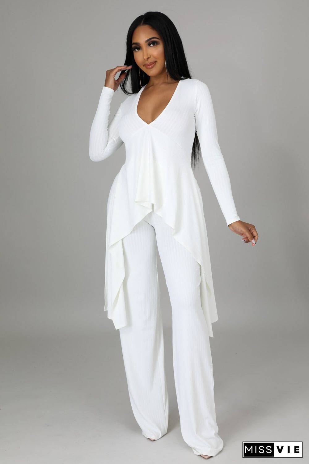 V Neck Irregular Top Straight-leg Pants Set