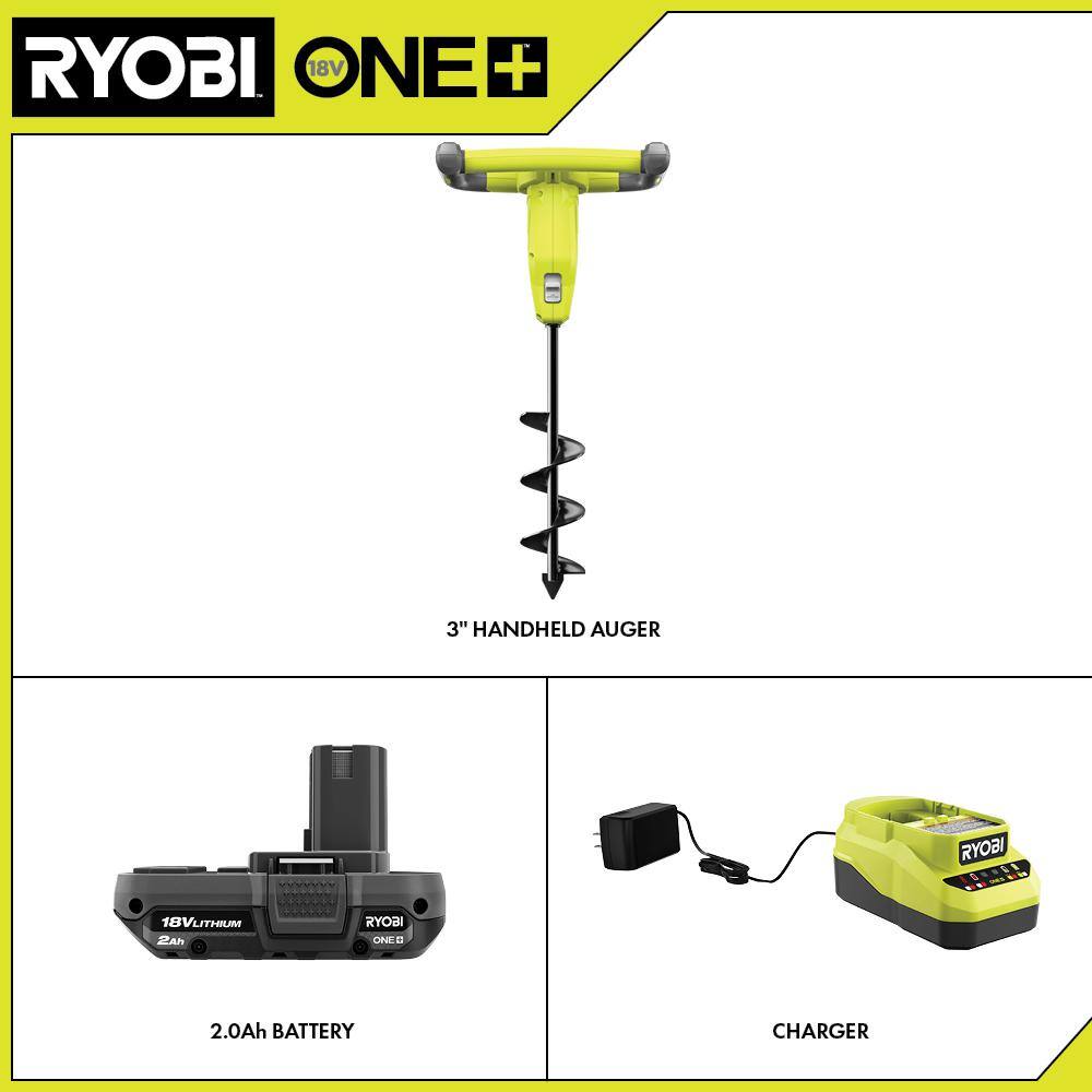 RYOBI ONE+ 18V Cordless Earth Auger with 3 in. Bit 2.0 Ah Battery and Charger P29160