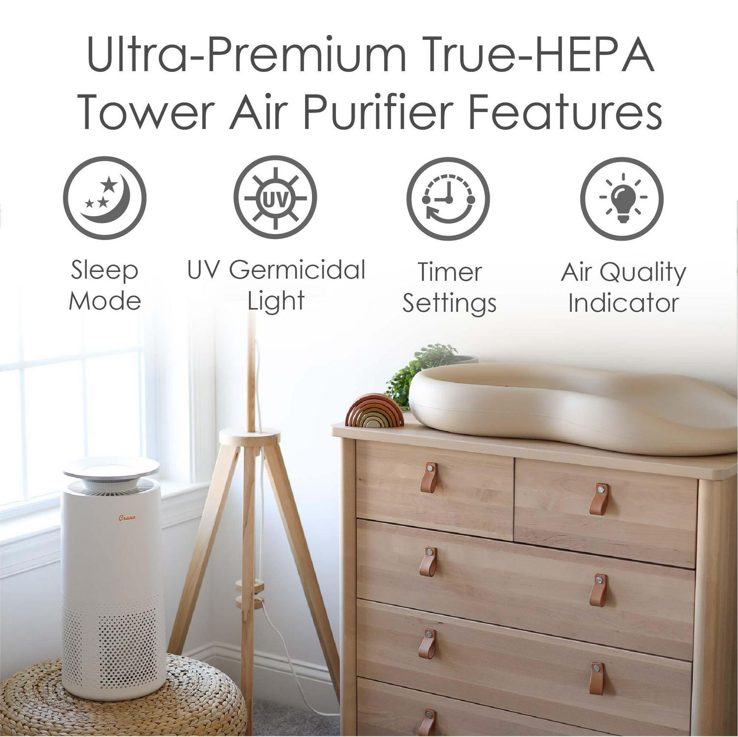 Crane True HEPA Tower Air Purifier with UV Light， 500 Sq Feet Coverage， Multiple Functions， White