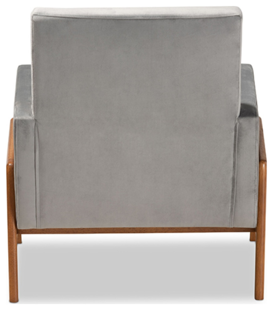 Perris Gray Velvet Fabric Upholstered and Walnut Brown Wood Lounge Chair   Midcentury   Armchairs And Accent Chairs   by GwG Outlet  Houzz