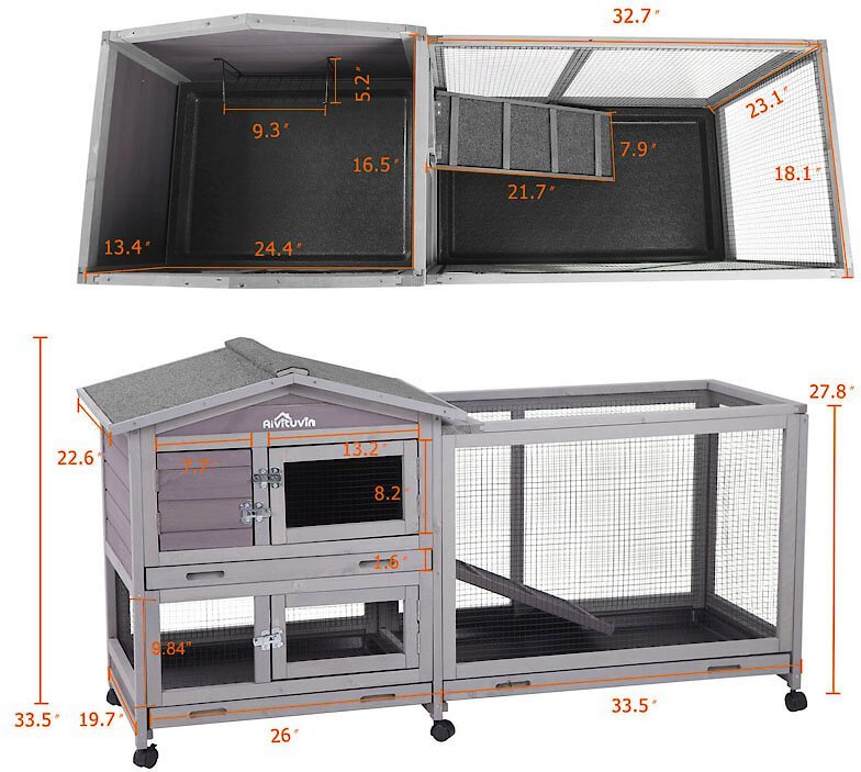 Aivituvin 33.5-in Indoor and Outdoor Ashpalt Roof Wheeled Rabbit Hutch