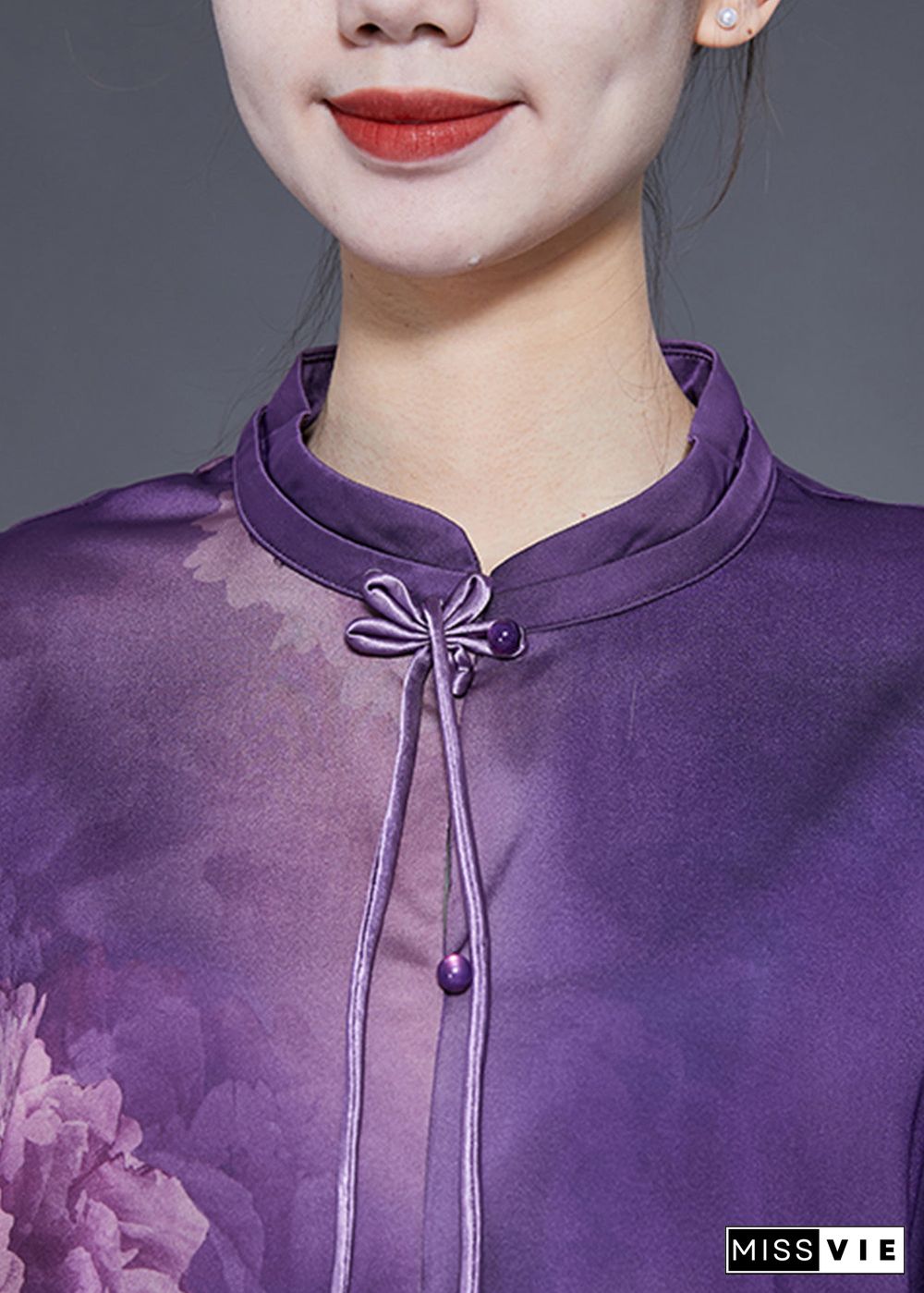 Handmade Purple Stand Collar Tassel Print Silk Shirts Spring