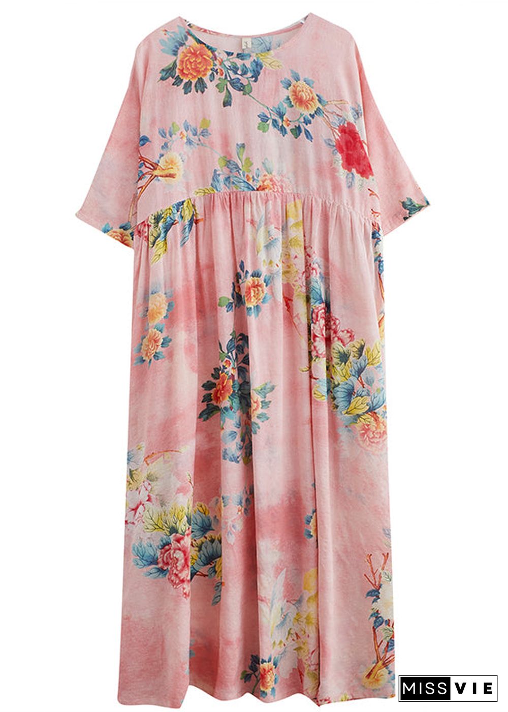 Plus Size Pink O-Neck Cinched Print Beach Dress Short Sleeve