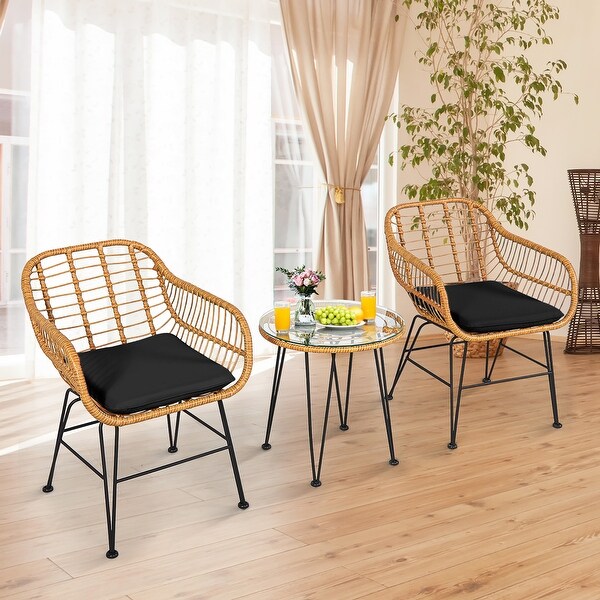 Costway 3PCS Patio Rattan Bistro Furniture Set Cushioned Chair Table