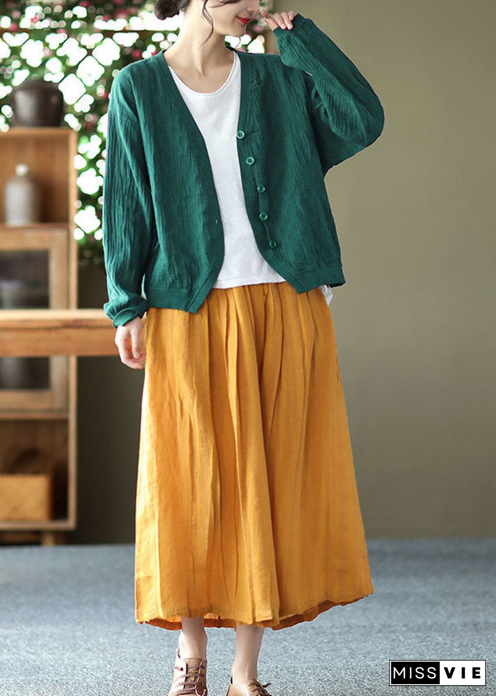 Bohemian Yellow Elastic Waist Wrinkled Linen Skirt Summer