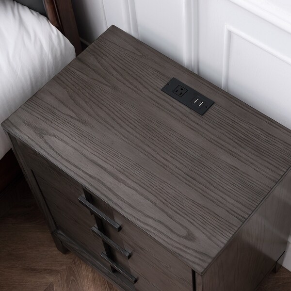 Oak Recessed Top Drawer and Bottom Door Nightstand/Side Table with Top AC/USB Charger