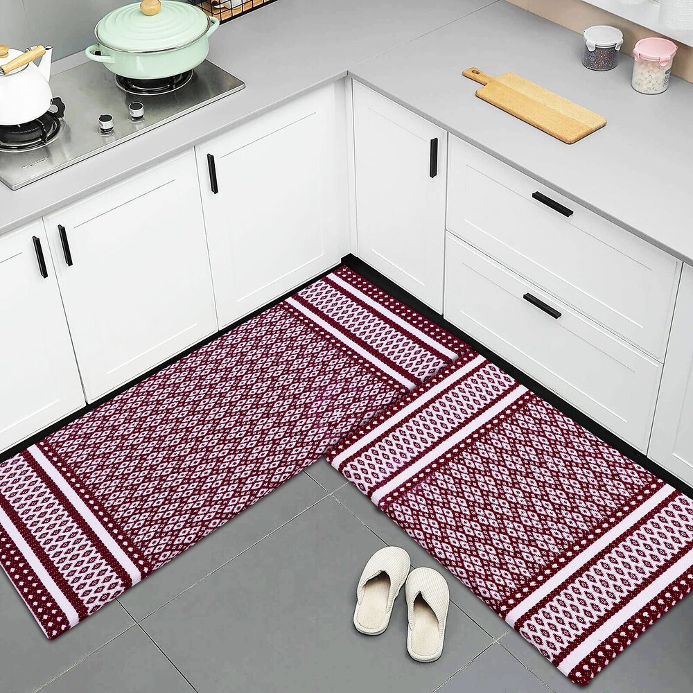 Anti Fatigue Standing Cushioned Kitchen Bath Mats [Set of 2] Woven Cotton  Waterproof  Non Slip  for Office  Sink  Laundry