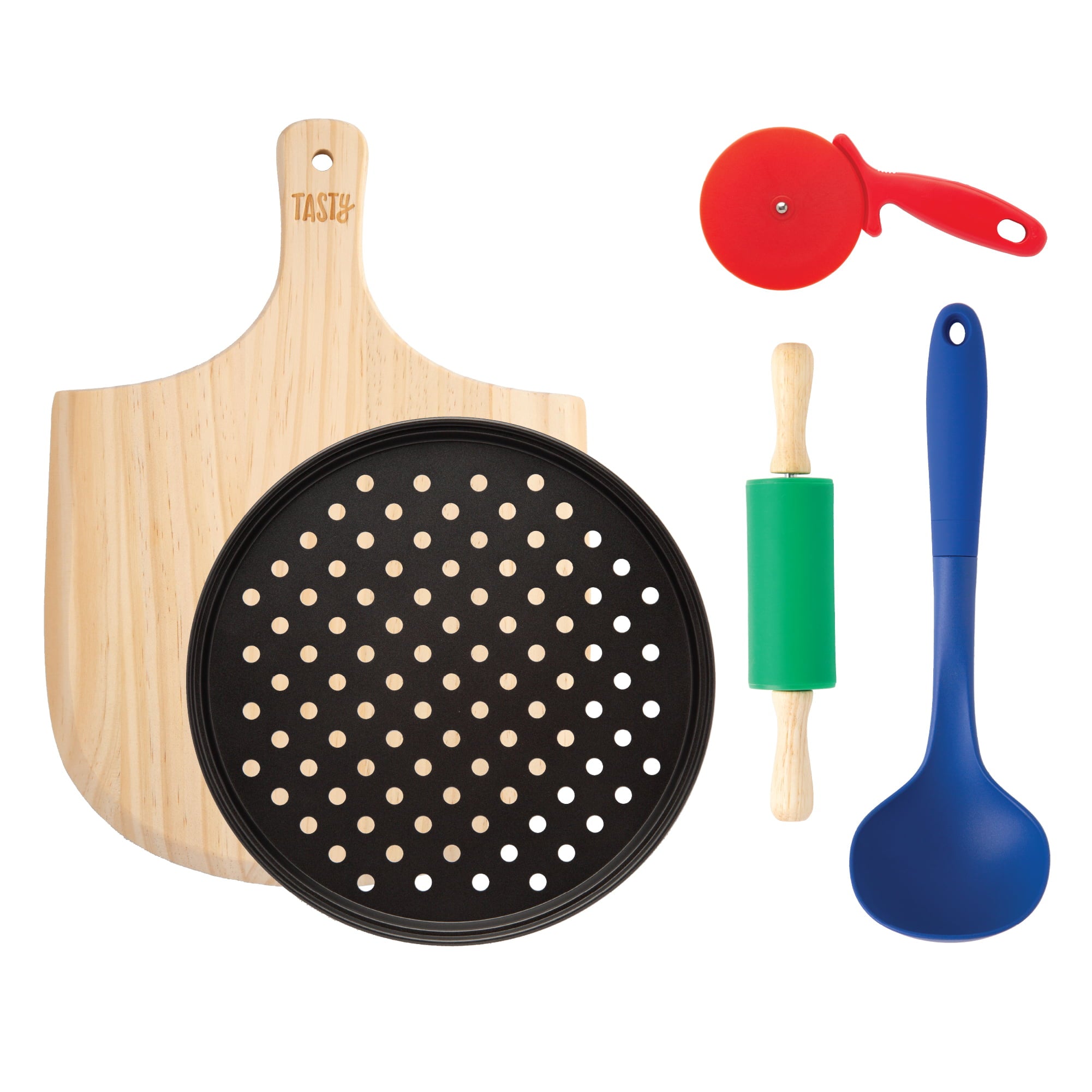 Tasty Kits Pizza Gadget Set, Includes Non-Stick Pizza Pan, Wood Serving Board, and Real Kid-Safe Cooking Tools, Multi-color, 5 Piece