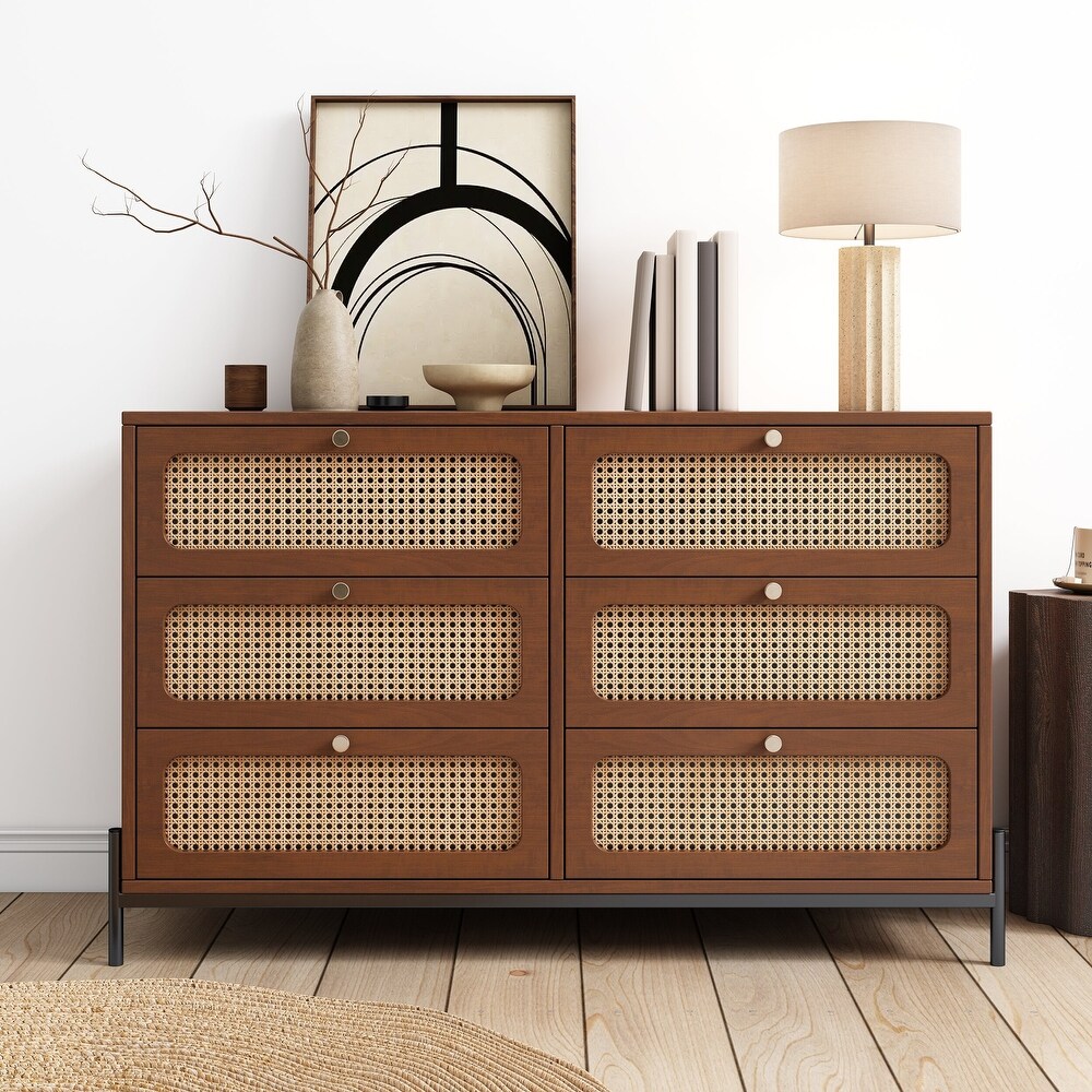 Modern Cannage Rattan Wood Closet 6 Drawer Wood Storage Cabinet Sideboard for Bedroom Living Room  Entryway  Hallway