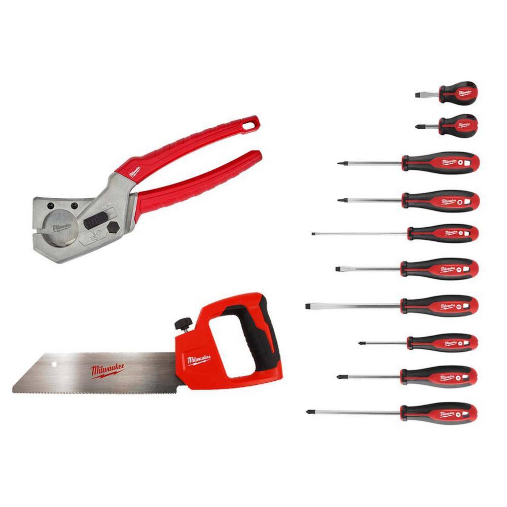 MW 1 in. PEX and Tubing Cutter with 12 in. PVC Saw and 10-Pieces Screwdriver Set 48-22-4204-48-22-0212-48-22-2710