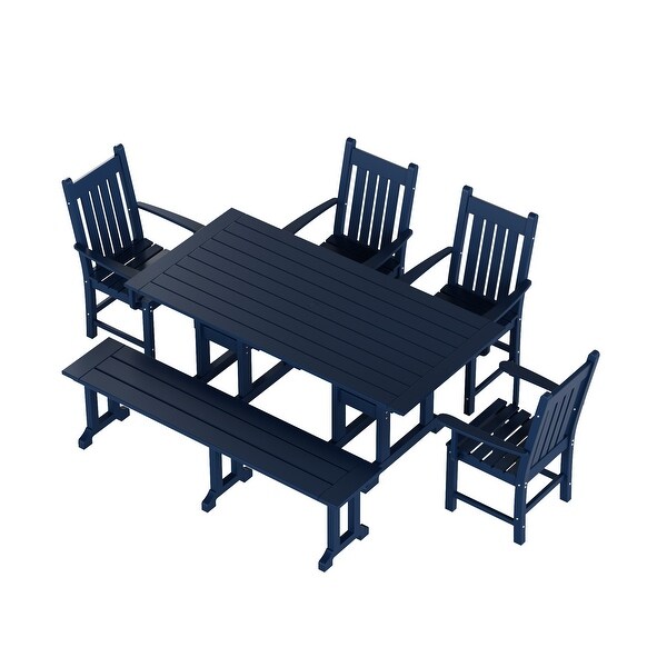 Polytrends Laguna Hdpe All Weather Outdoor Patio Dining Set with Rectangle Table，Arm Chairs and Bench (6Piece Set)