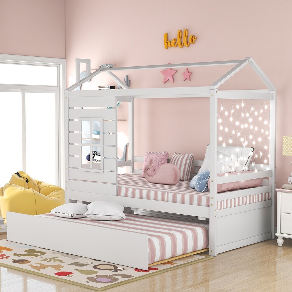 Solid Wood Twin House Bed with Trundle for Kids  White