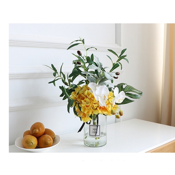 FloralGoods Yellow Hydrangea White Orchid and Greenery in Vase 16 Tall