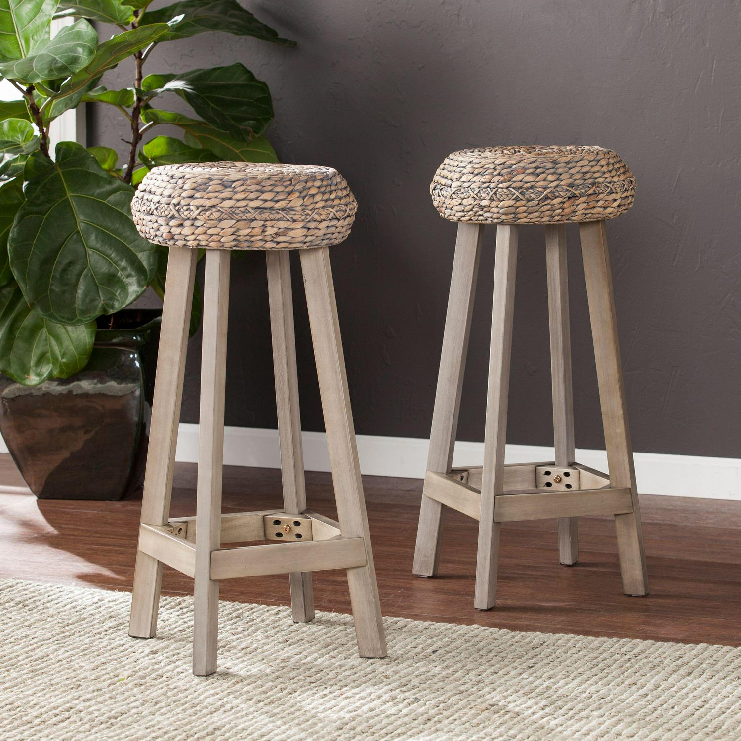 Ralthrone Round Backless Water Hyacinth 30 Bar Stools 2pc Set， Weathered Gray by Birch Harbor