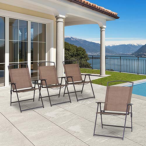 Crestlive Products Set of 4 Patio Folding Chairs 4-Pack Dining Chairs Outdoor Portable Sling with Armrest for Camping, Beach, Garden, Pool, Backyard, Deck (Brown)