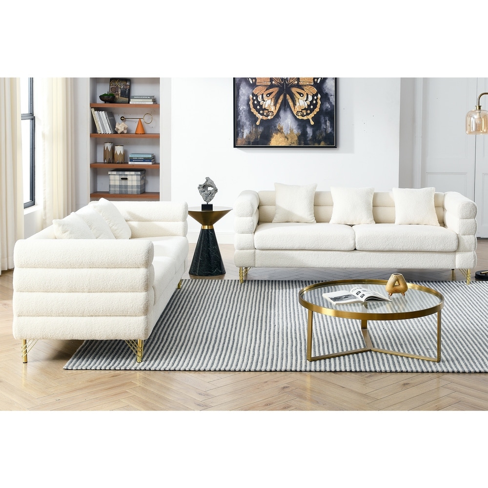 Ivory Teddy Upholstered Sofa Set with Pillows  3 Seater * 2