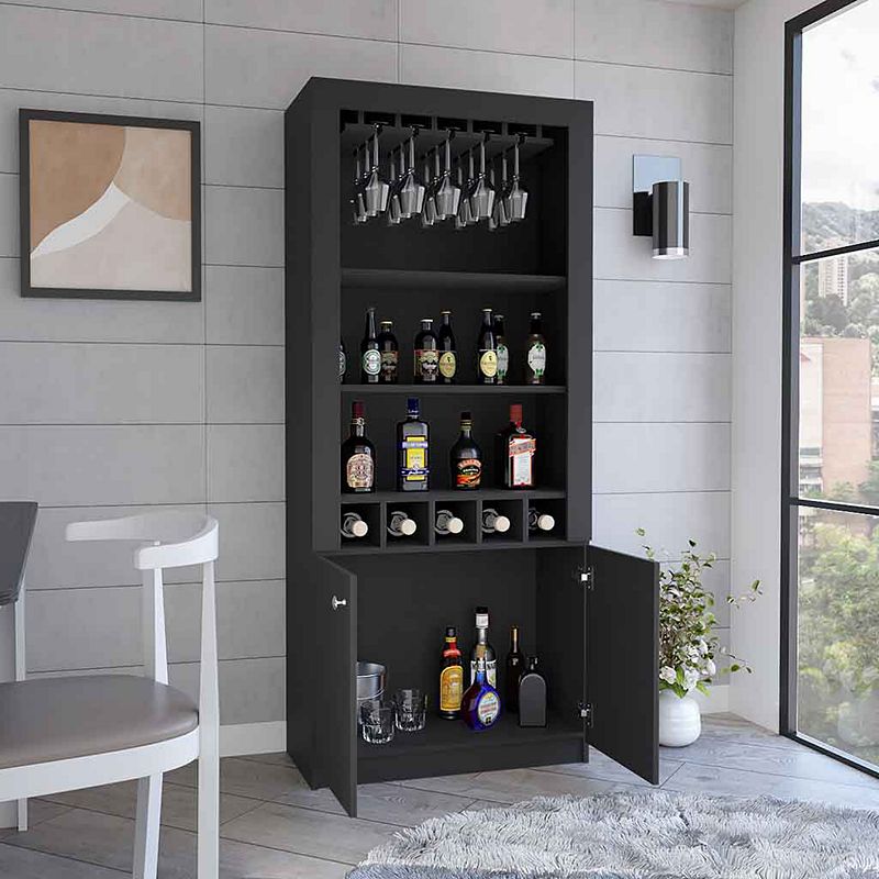 DEPOT E-SHOP Dakota Bar Double Door Cabinet， Five Built-in Wine Rack， Three Shelves， Black