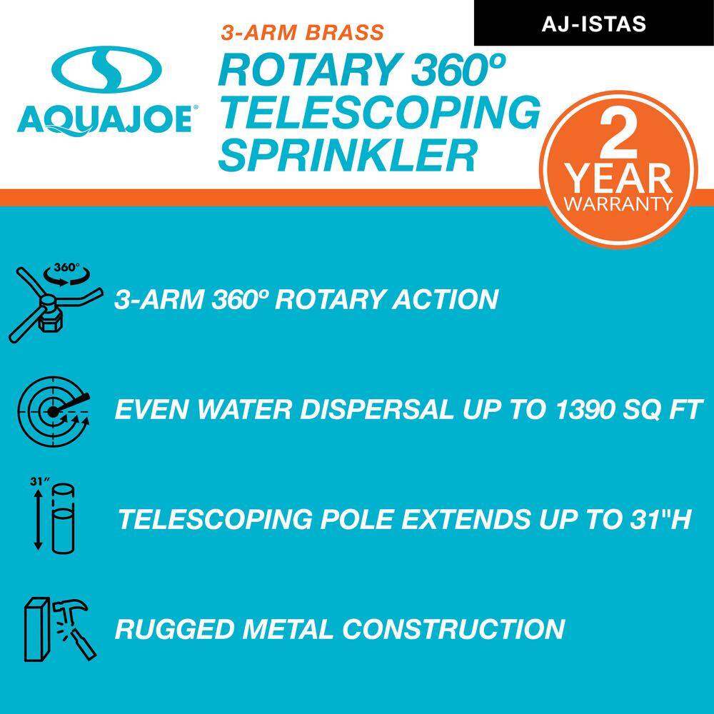 AQUA JOE 360-Degree 3-Arm Brass Rotary Telescoping Sprinkler AJ-ISTAS