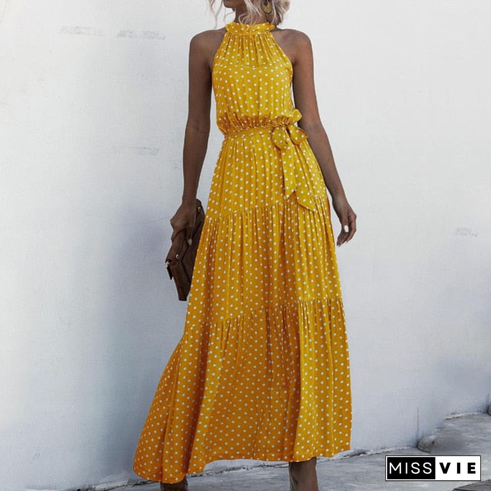 Summer Long Dress Polka Dot Casual Midi Dresses Black Halter Strapless Yellow Sundress Vacation Dress Clothes For Women