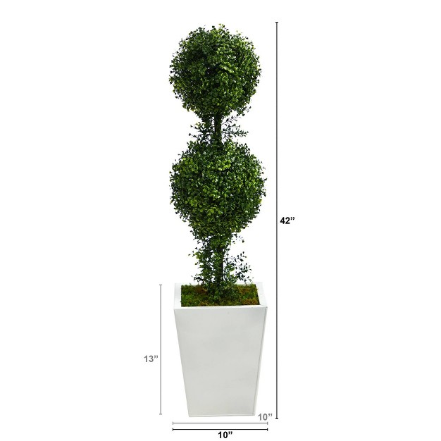 Indoor outdoor Boxwood Double Ball Topiary Artificial Tree In Metal Planter White green Nearly Natural