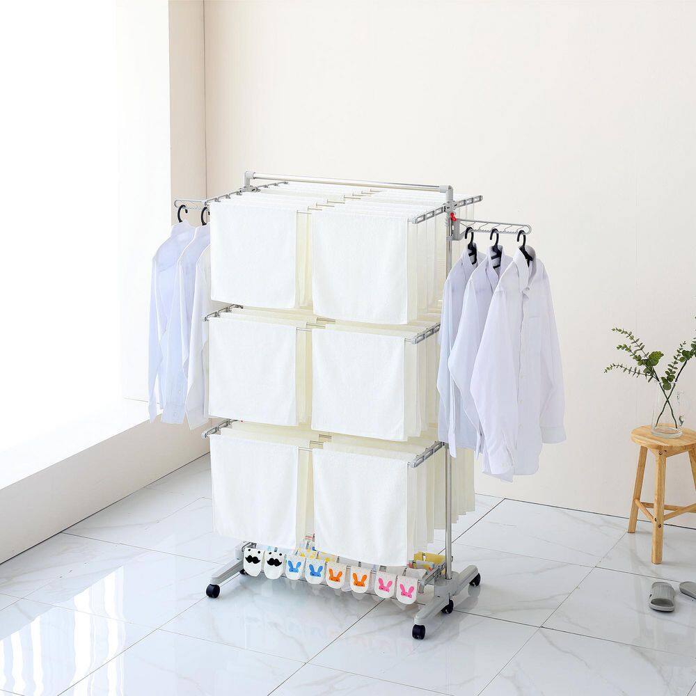 Hulife 57 12 in. x 56 12 in. 3-Tier Foldable Drying Garment Rack with Hanging Pole HLDR-6000P