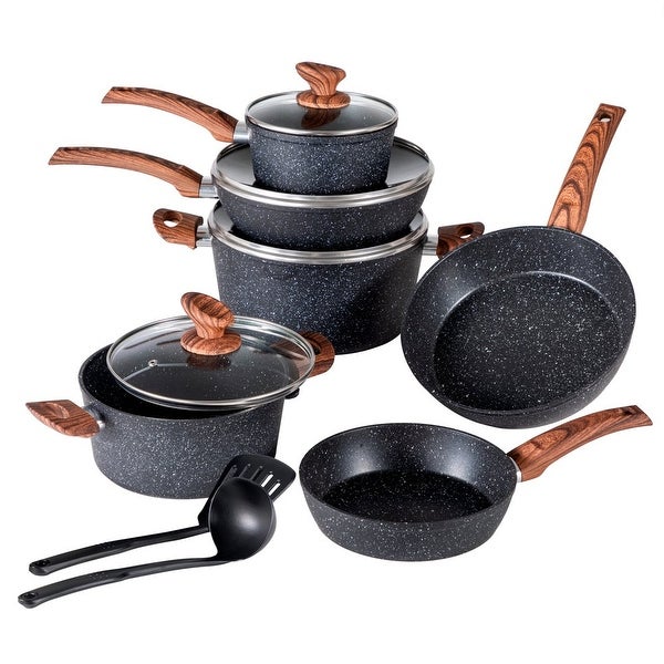 12 Pieces Cookware Set Granite Nonstick Pots and Pans Dishwasher Safe Black - none