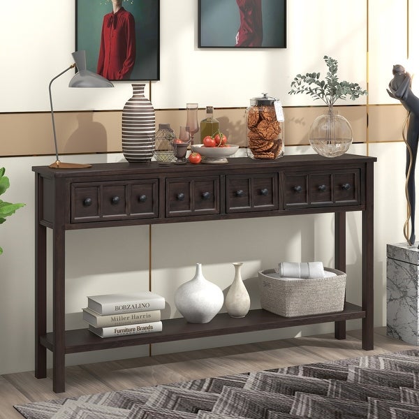 Rustic Console Table with Drawers and Bottom Shelf