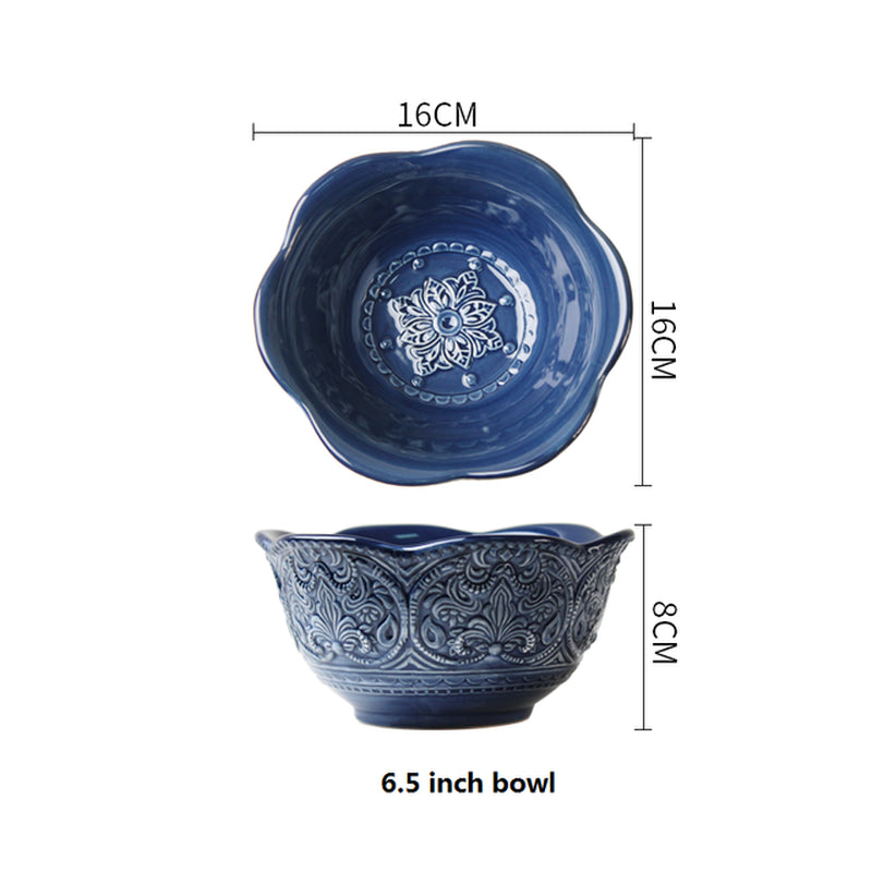 Nordic Blue Vintage Tableware Set Ceramic Rice Salad round Dish Dinner Plate Bowl Dinnerware Set Microwave Safe W4827