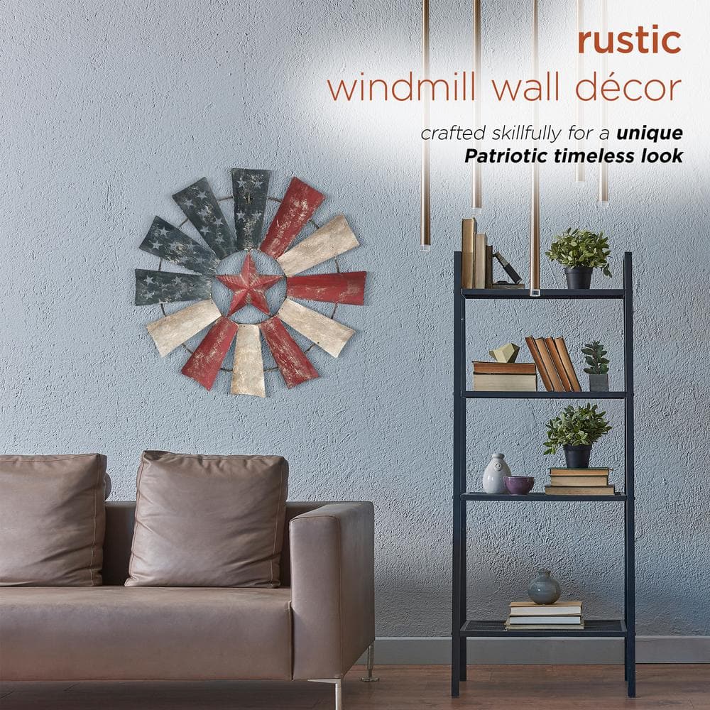 Alpine Corporation 21 in. Tall Indoor/Outdoor Patriotic Windmill Wall Art Decor YHL430HH