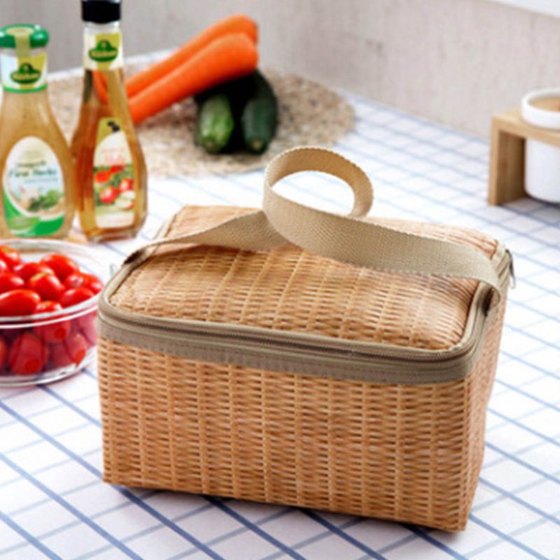 FeiraDeVaidade Imitating Rattan Woven Picnic Bag with Lid and Handle Insulation Lunch Bag Aluminum Film Insulation Bag