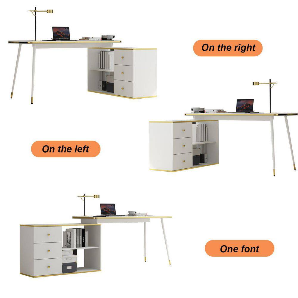 FUFUGAGA 55.1 in. Width L-Shaped White And Golden Wooden 3-Drawer Writing Desk Computer Desk with 2 Open Shelves LBB-KF020288-01