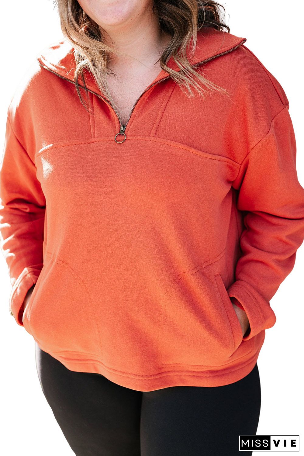 Orange O-ring Zipper Pocketed Plus Size Sweatshirt