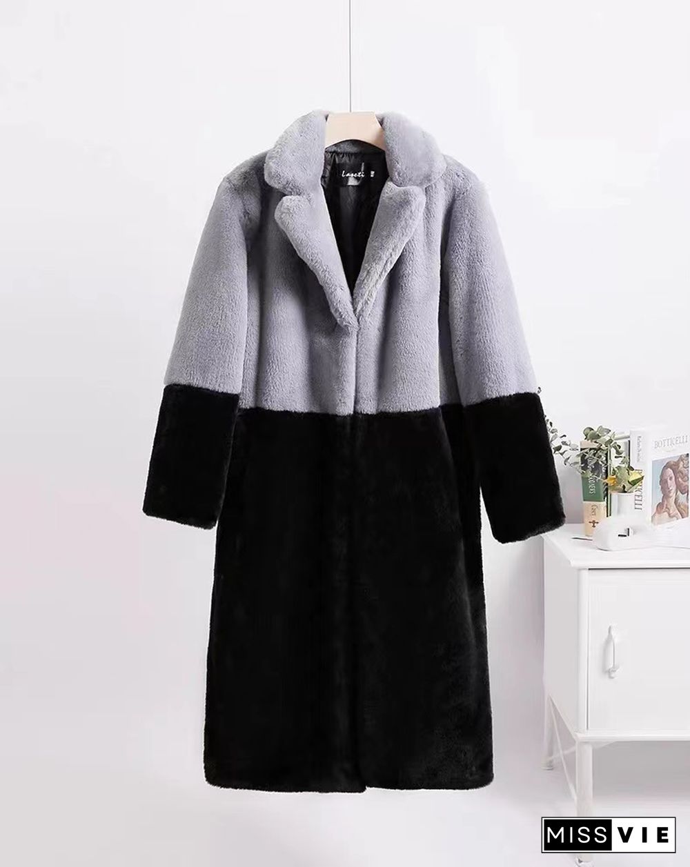 Winter Plus Size Patchwork Faux Fur Long Coat Women Elegant Turn Down Collar Thick Oversize Outwears Female Furry Jacket 5XL