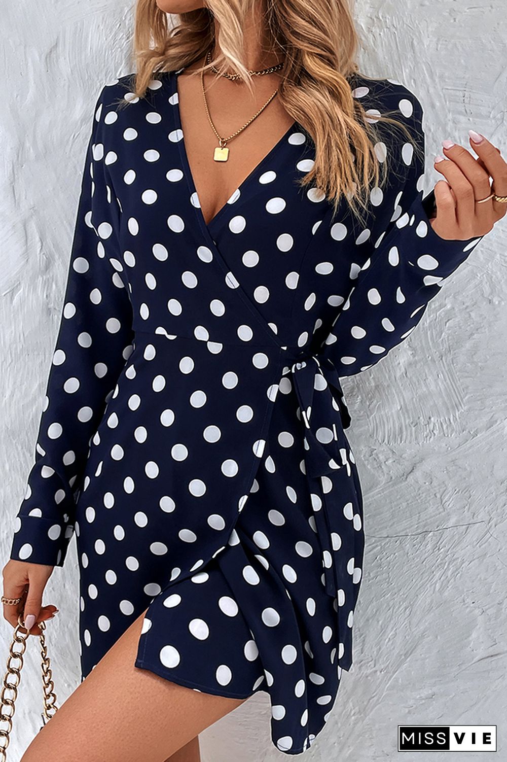 Navy Spot Print Wrap V Neck Side Sash Long Sleeves Dress