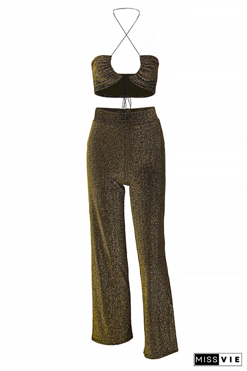 Sequin Glitter Halter Top and Wide Lege Pants 2PCS Set