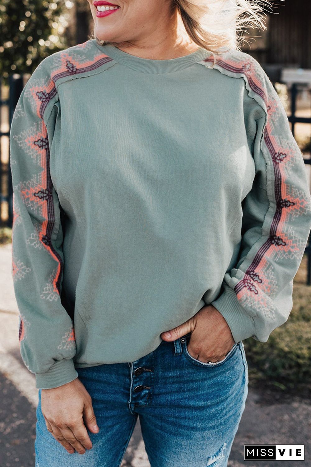 Sky Blue Plus Size Embroidered Patchwork Long Sleeve Sweatshirt