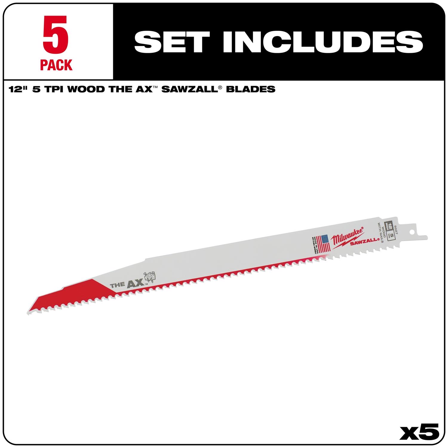 MW The AX 12 in. Bi-Metal Wood demolition Reciprocating Saw Blade 5 TPI 5 pk