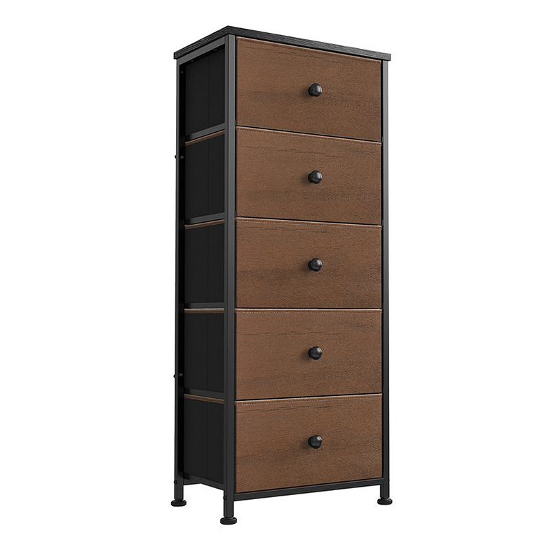 REAHOME Vertical Narrow Metal Tower Dresser w/ 5 Fabric Drawer Bins， Espresso