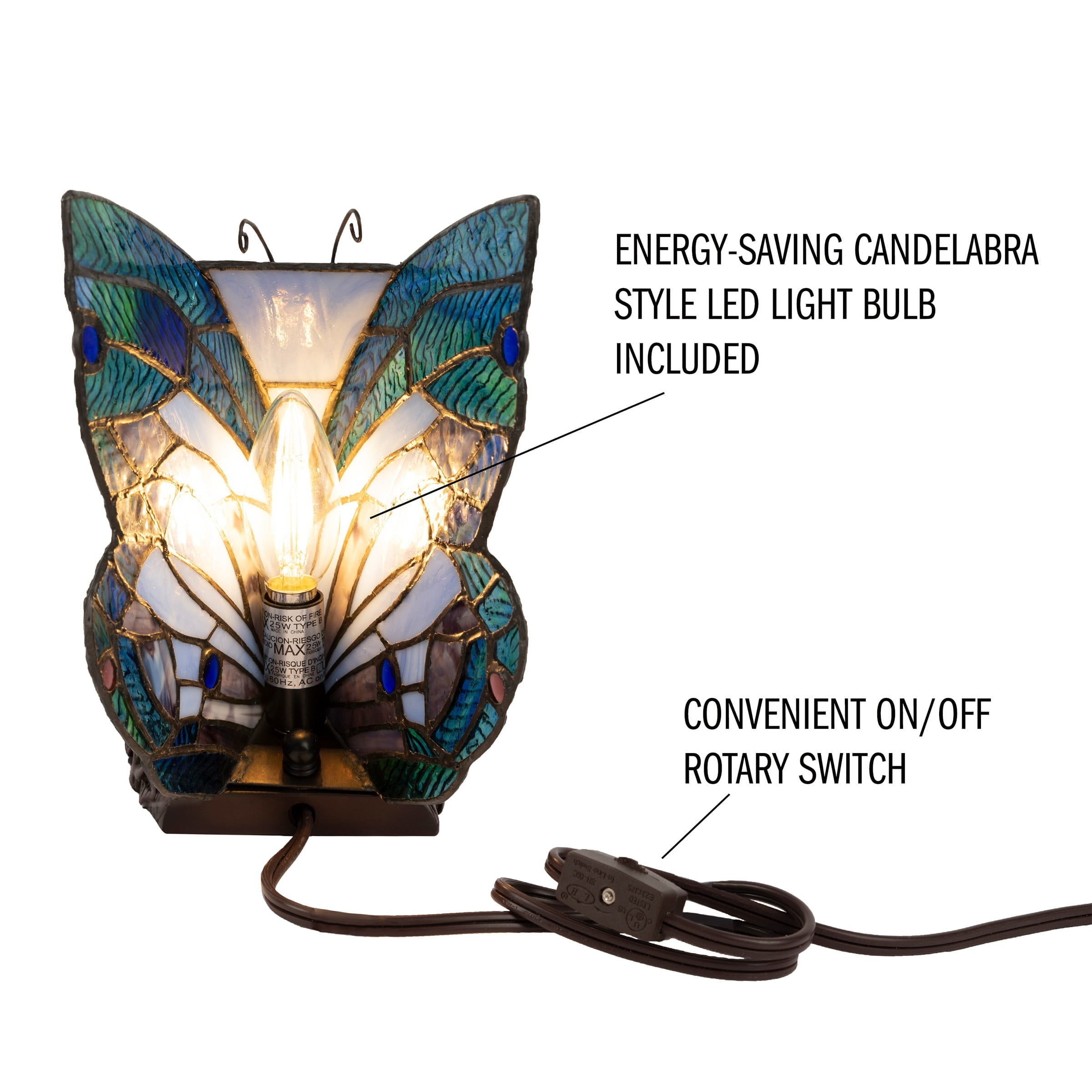 Tiffany Style Butterfly Lamp-Stained Glass Table or Desk Light LED Bulb Included-Vintage Look Colorful Accent Décor by Lavish Home (Pointed Wings)