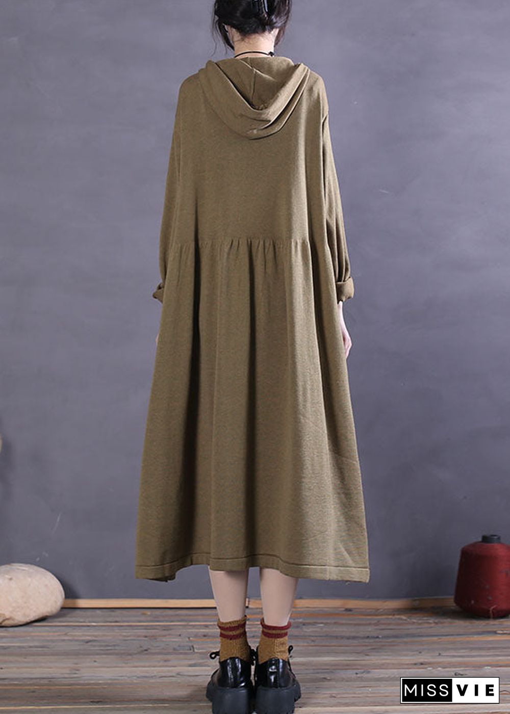 Unique Grass Green Hooded Pockets Knit Party Dress Spring