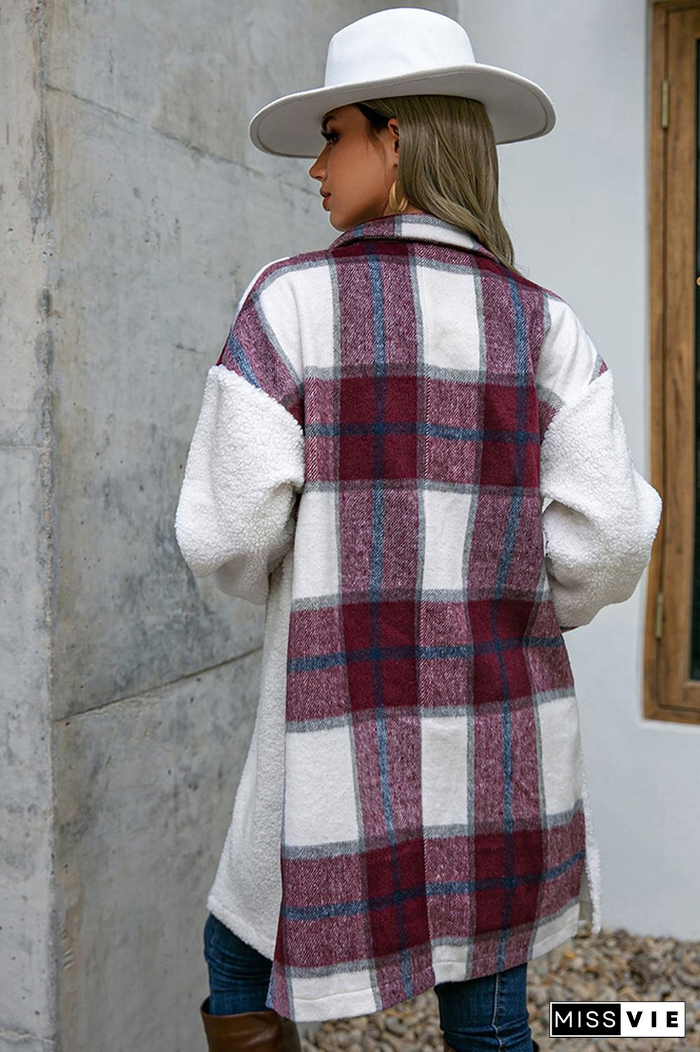 Fleece Open Button Plaid Patchwork Long Jackets