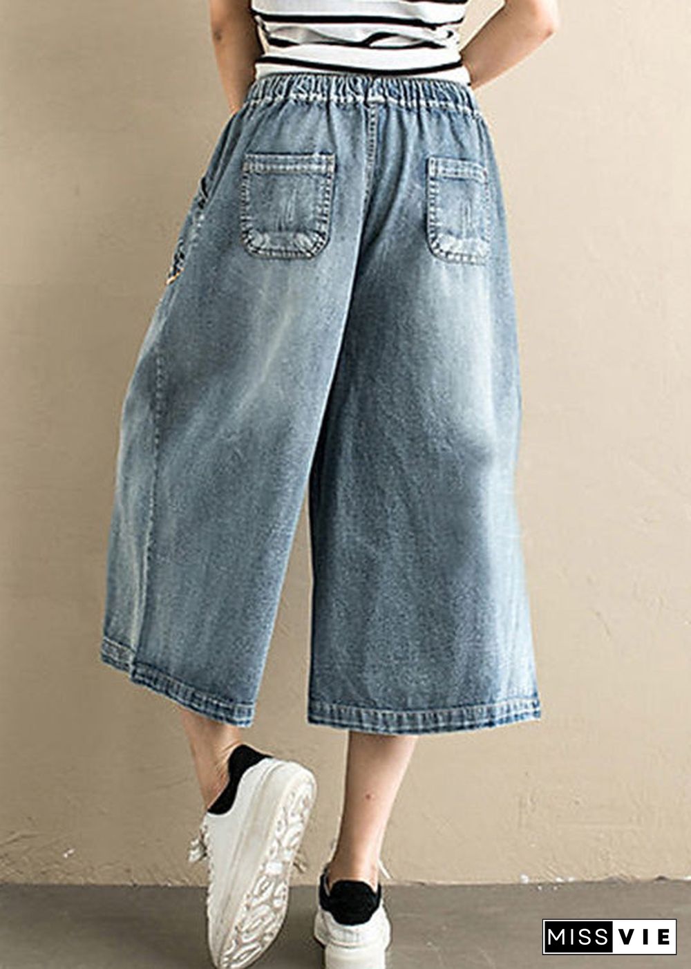 Women Denim Blue Embroideried Tie Waist Wide Leg Pants Summer