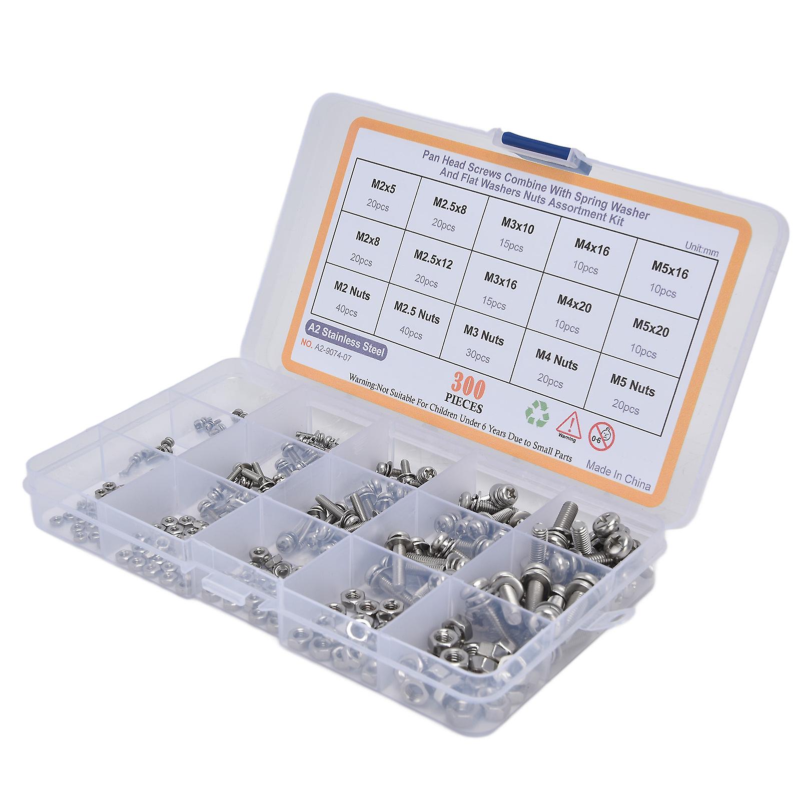 300Pcs Screws Washer Nuts Kit 304 Stainless Steel Cross Pan Head Screw for Professionals