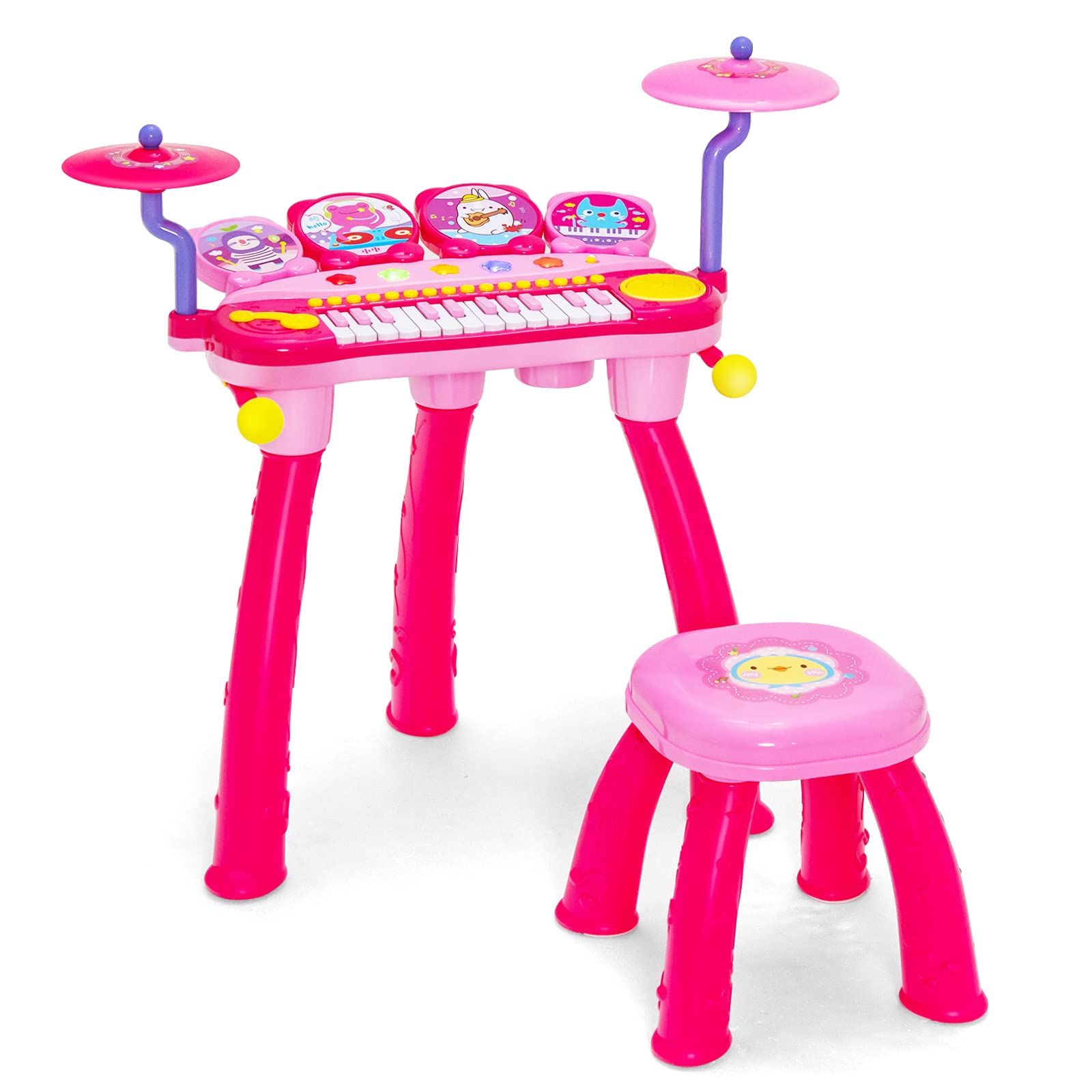 Costzon 24-Key Piano Keyboard DJ Drum Combination, Kids Drum & Electric Keyboard Set with Stool, Microphone