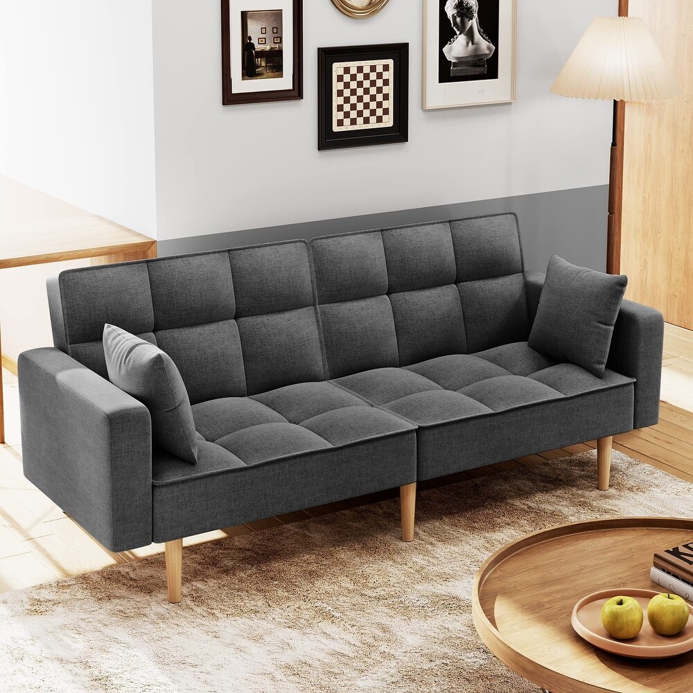 Linen Couches Upholstered Futon Sofa Bed with Thicken Wood Legs