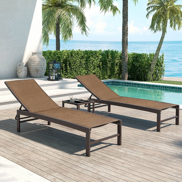 3pc Outdoor Five Position Adjustable Aluminum Curved Lounge Set Brown Crestlive Products