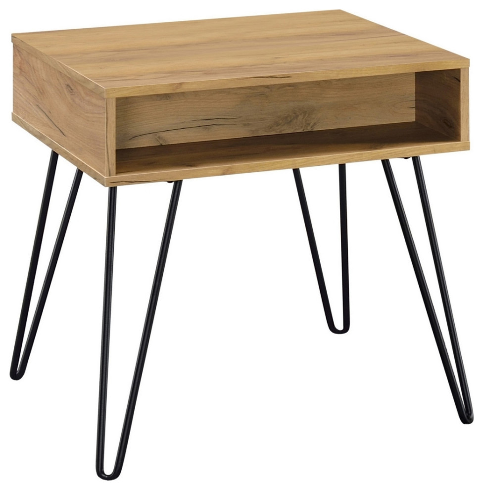 24 Inch Modern Side End Table Golden Oak Wood Black Metal Hairpin Legs   Midcentury   Side Tables And End Tables   by Dot  ampBo  Houzz